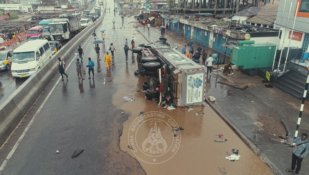 Dumping of refuse choked drains contribute to flooding from Nsawam Road through Kwame Nkrumah Circle